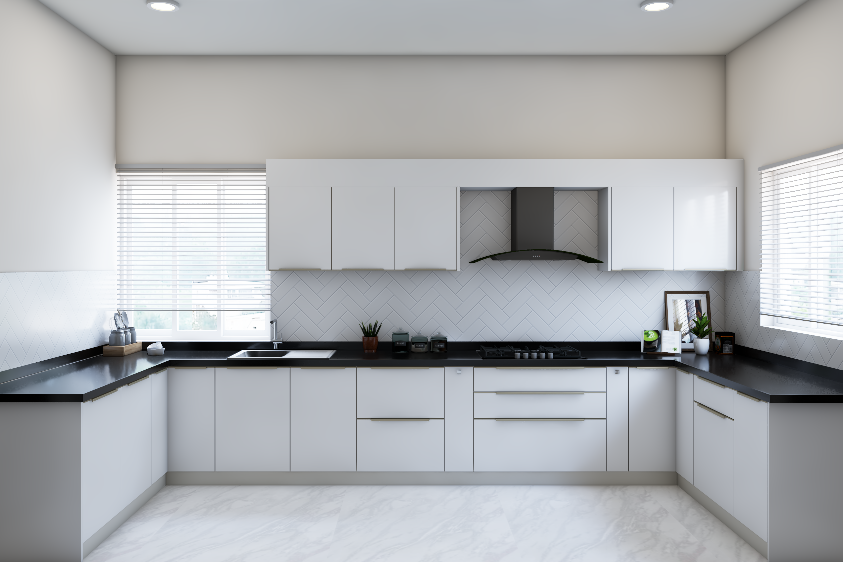 Modern White U-Shaped Parallel Kitchen Design
