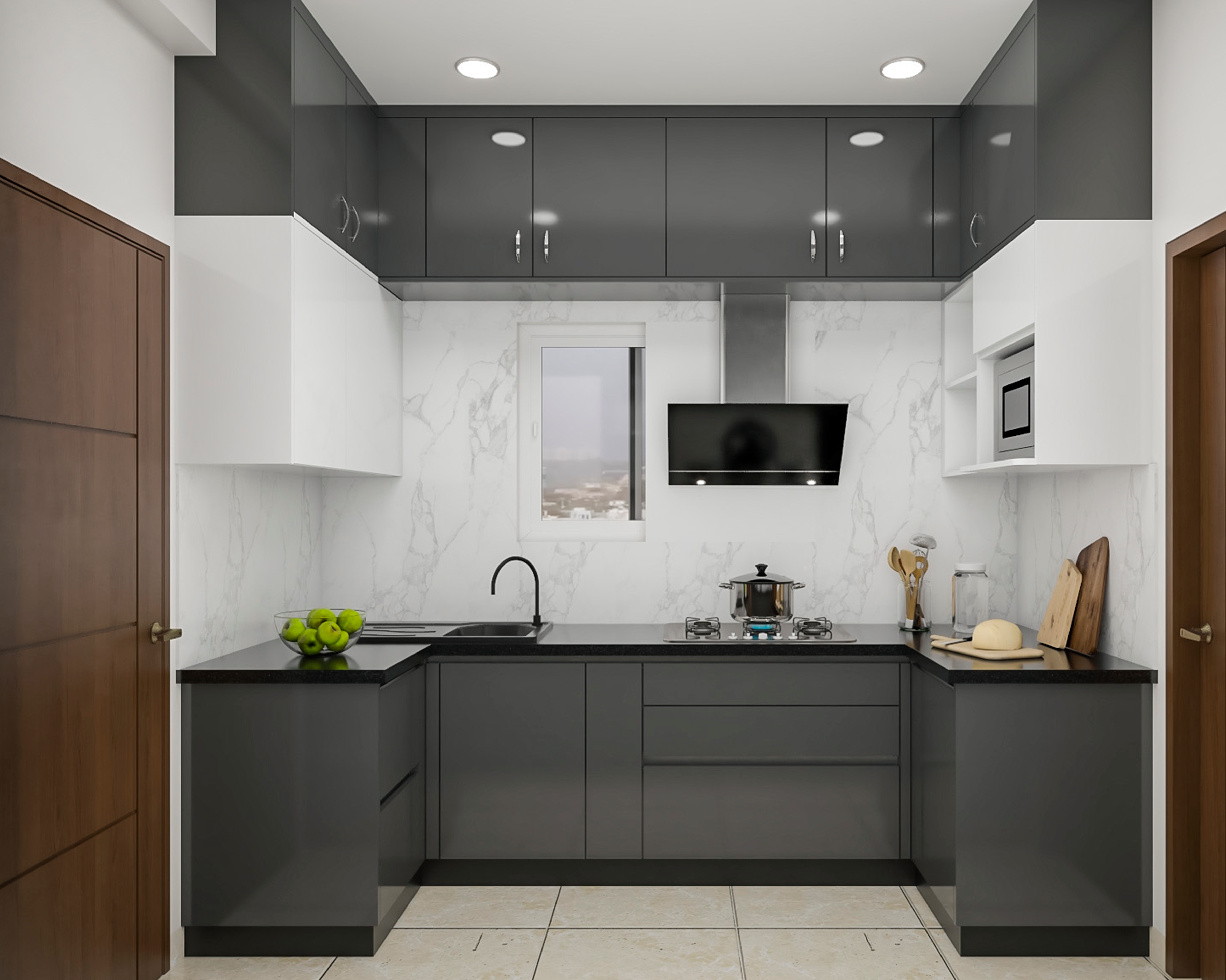Modern U-Shaped Modular Kitchen Design In Black And White