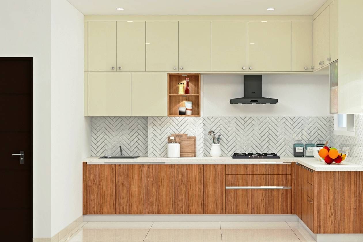 Contemporary L-Shaped Kitchen Design With Cream And Wooden Cabinets