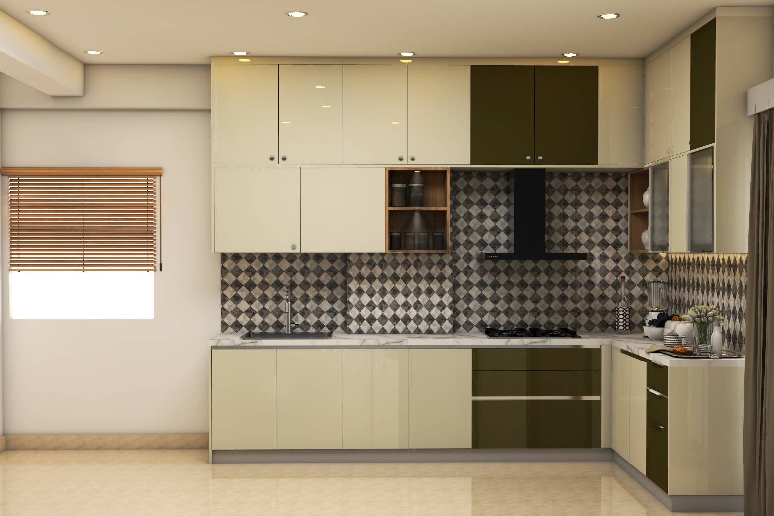 Modern L-Shaped Modular Kitchen Design With Ceiling-Touch Cabinets