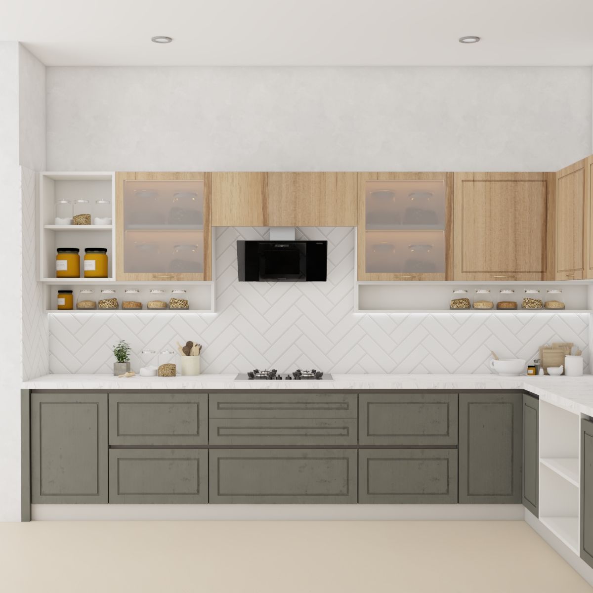 Modern L-Shaped Modular Kitchen Design With White Dado Tiles