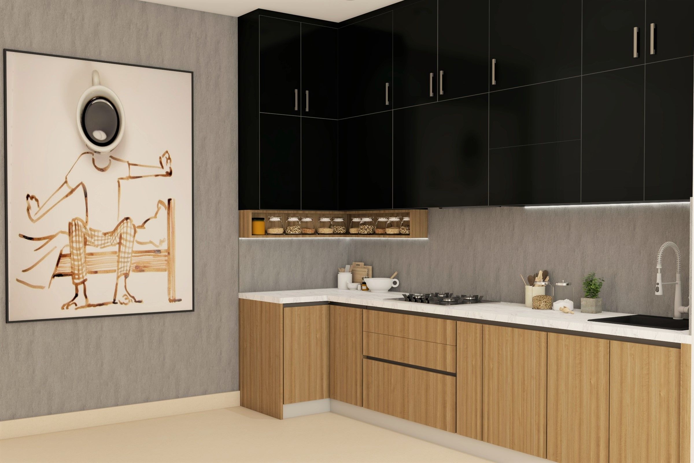 Modern Kitchen Design With Upper Black And Lower Wooden Cabinets