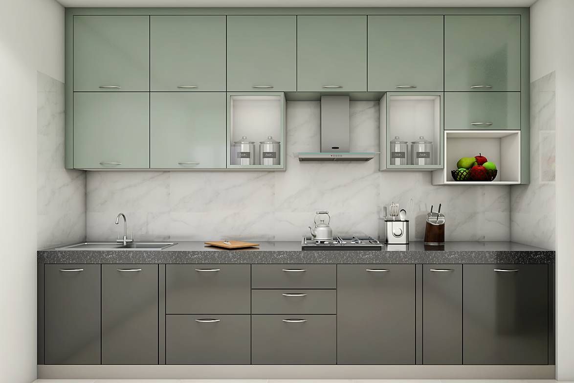 Modern Grey And Green Modular Kitchen Design