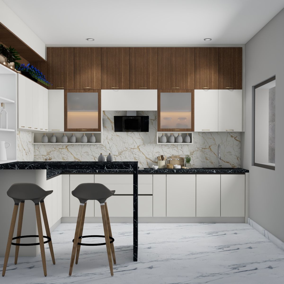 L-Shaped Modular Modern Kitchen Design With Breakfast Counter