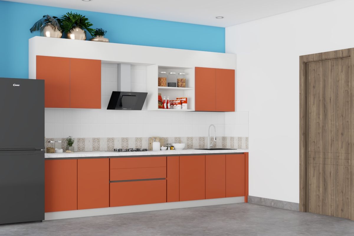 Compact Orange And White Modular Kitchen Design
