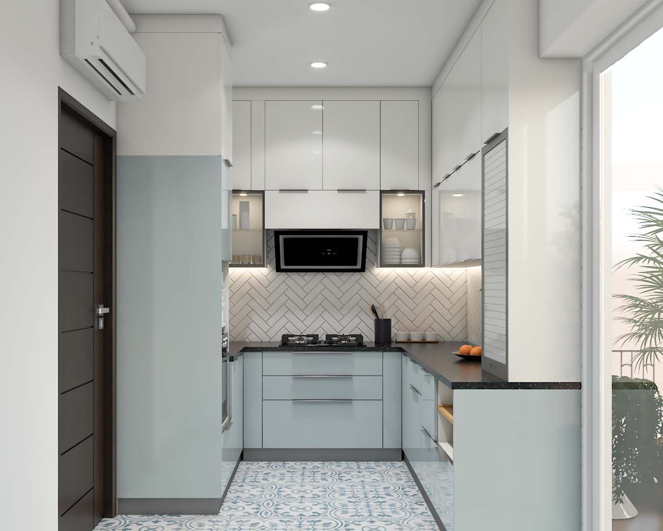 Modern U-Shaped Kitchen Design With Herringbone Patterned Dado Tiles