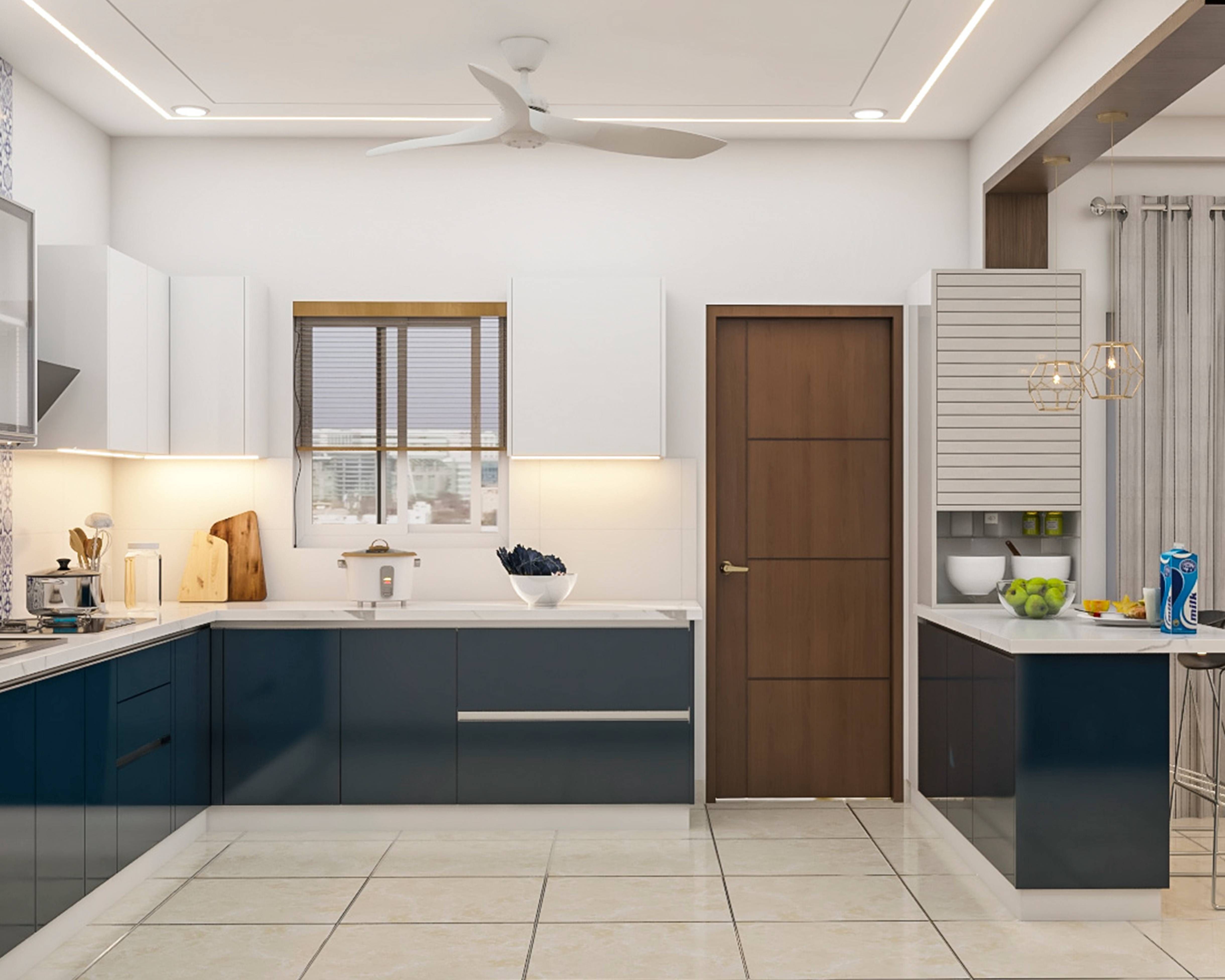 Contemporary White And Blue L-Shaped Open Kitchen Design