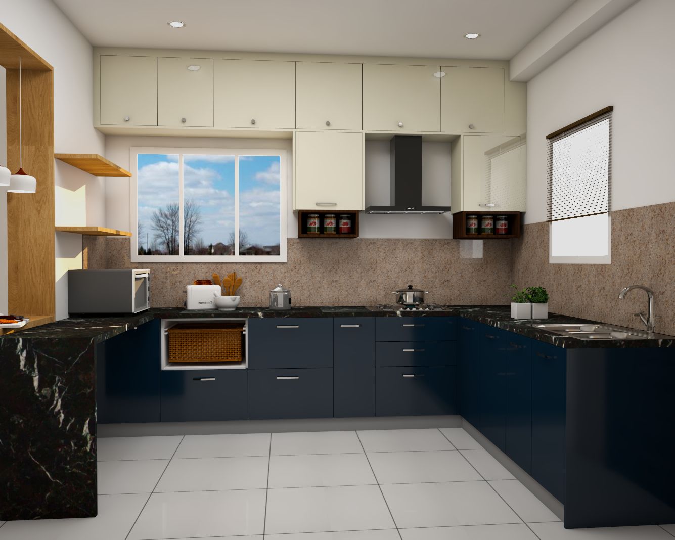Modern Spacious Blue And Cream Modular Kitchen Design