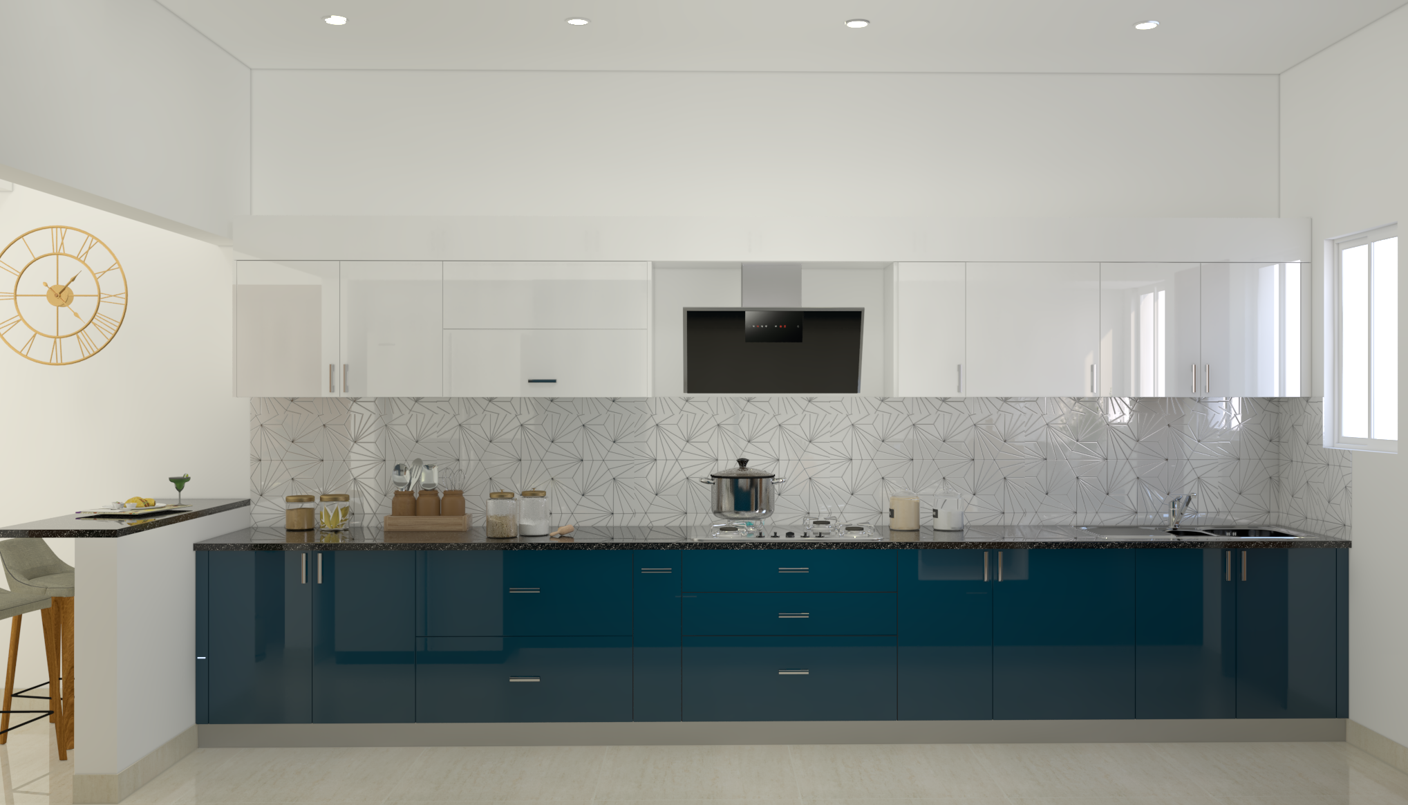 Contemporary Kitchen Design With Blue And White Cabinets | Livspace