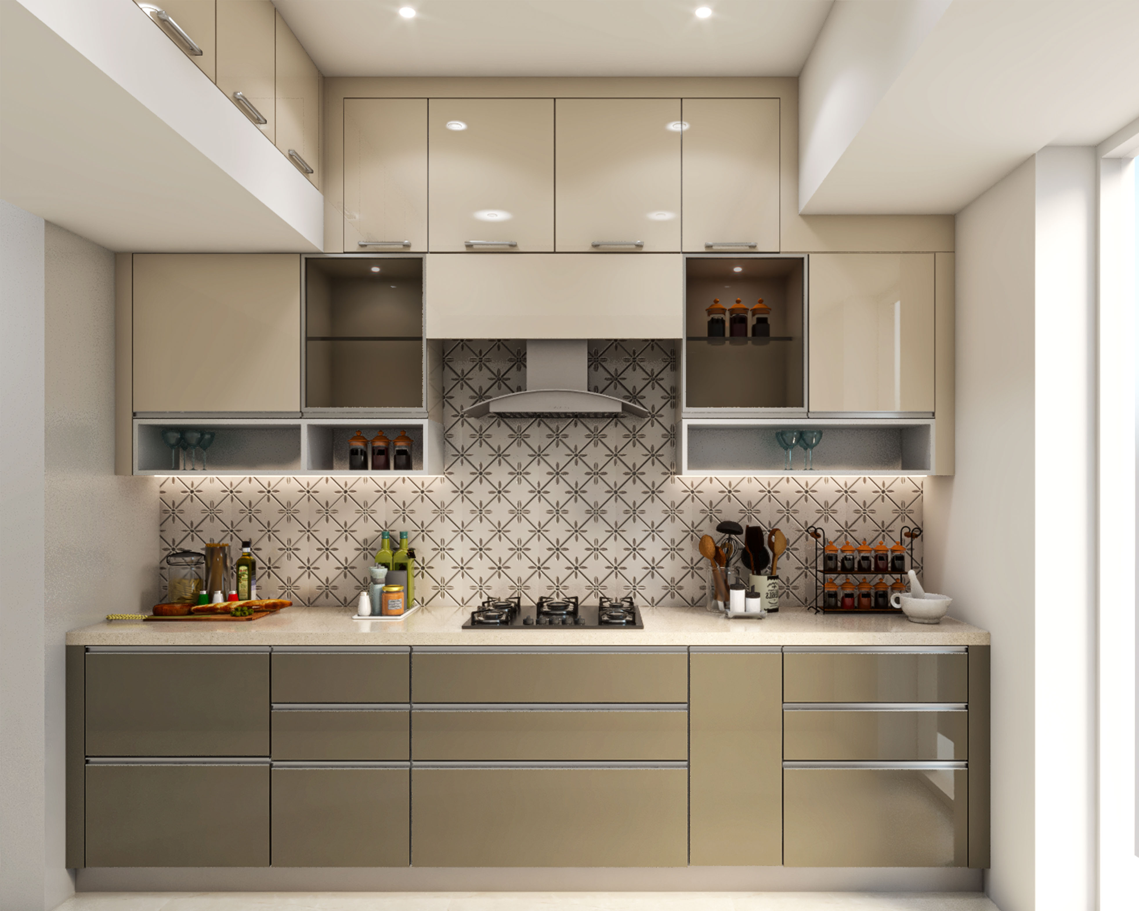 Contemporary Modular Kitchen Design With Brown And Beige Cabinets
