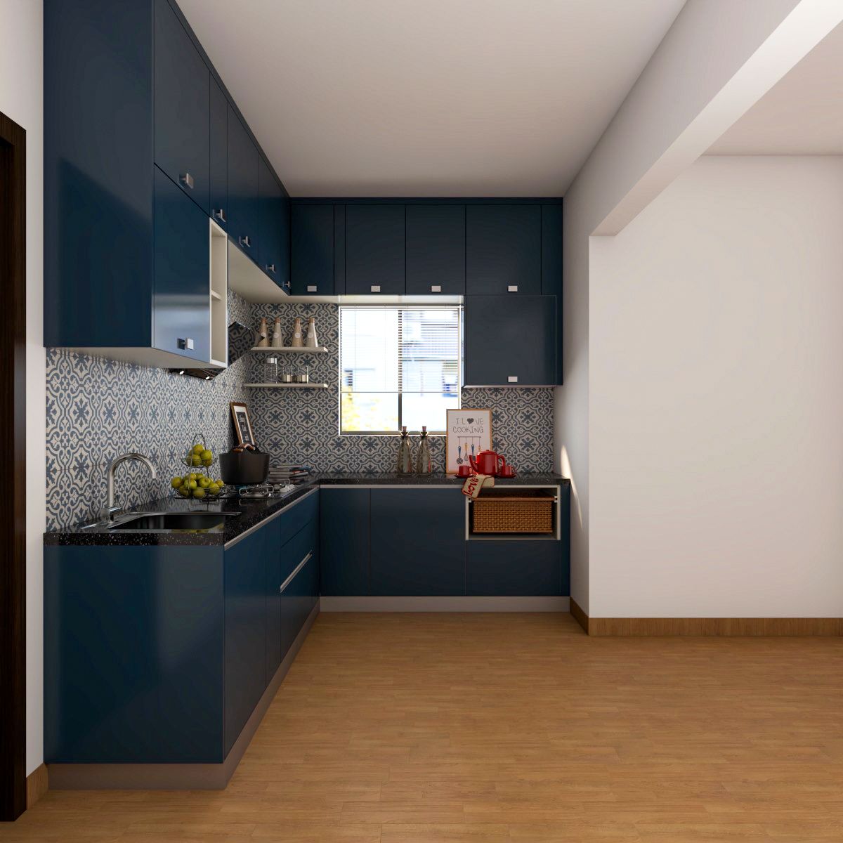 Blue Modern L-Shaped Kitchen Design With Glossy Shutters