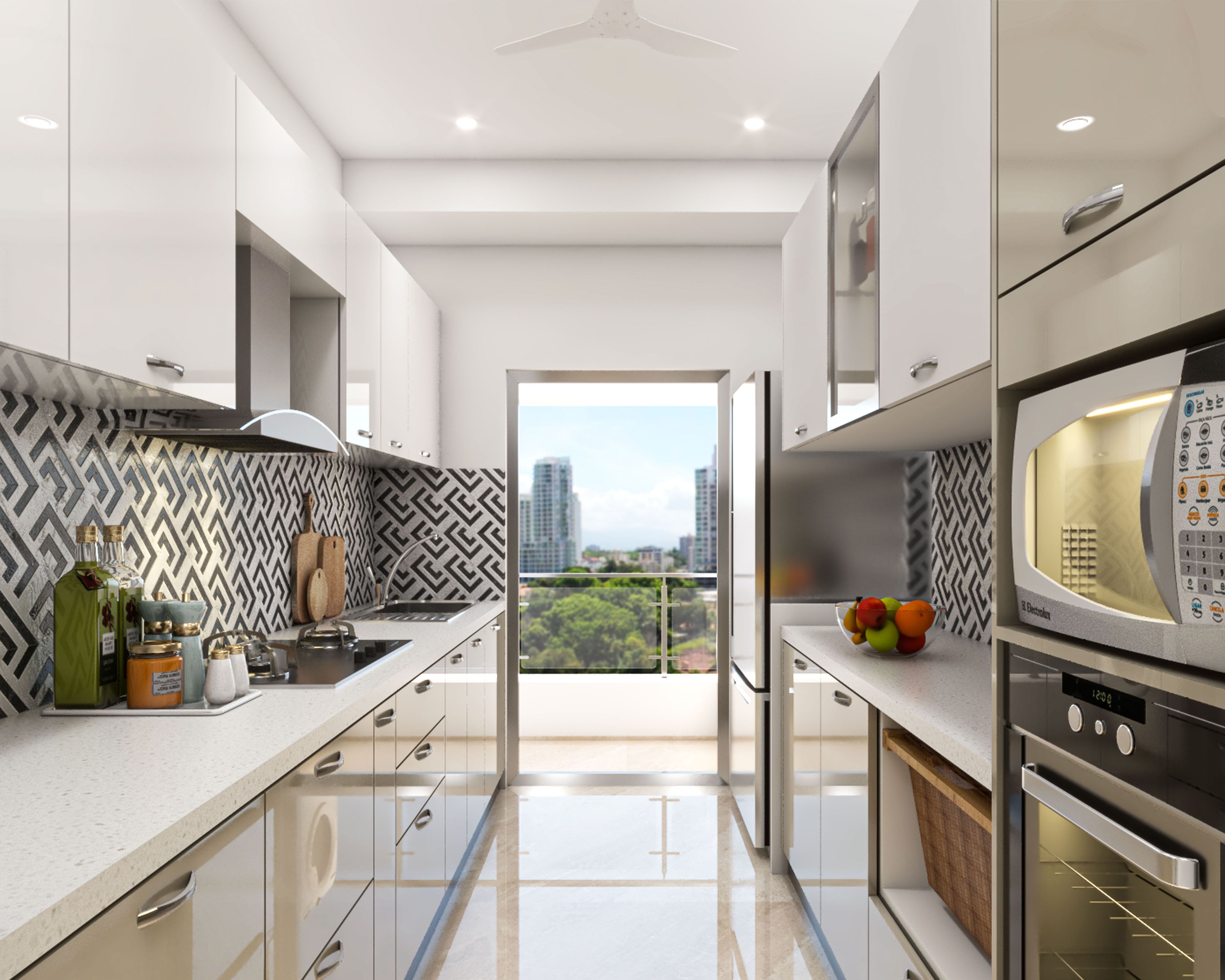 Modern Parallel Modular Kitchen Design In Beige And White