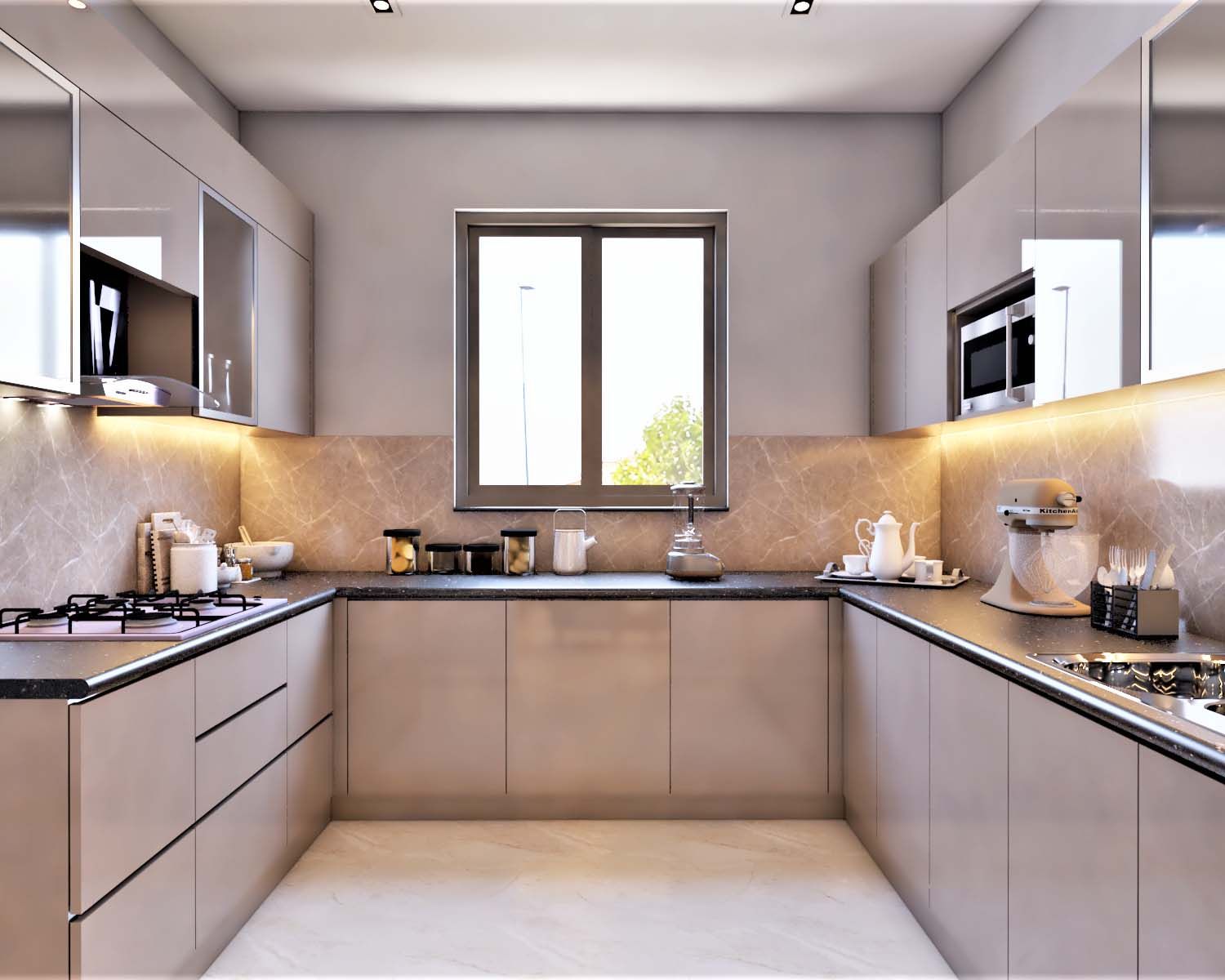 Contemporay U-Shape Kitchen Design with Gola Profile Handles