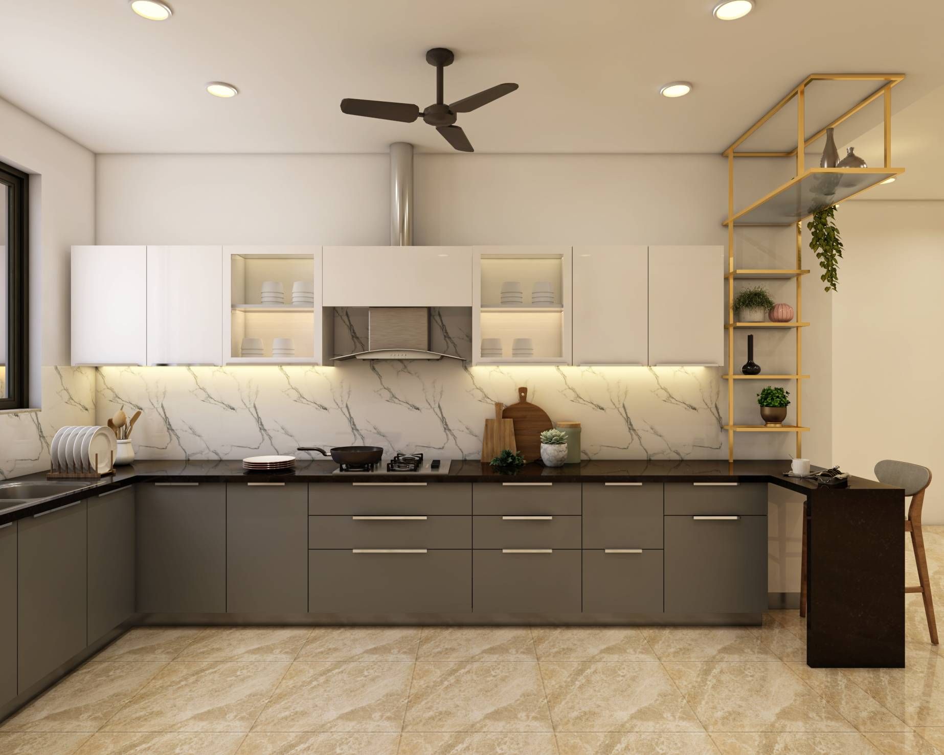 Modern Grey Modular Kitchen Design With Breakfast Counter