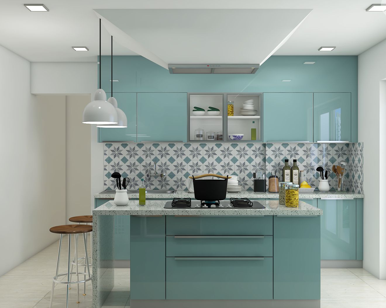 Green Modular Kitchen Design With Glossy Cabinets