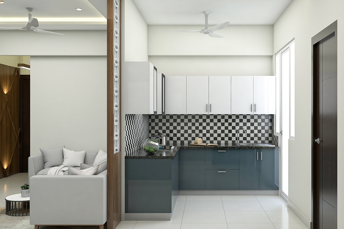 Contemporary Kitchen Design With Blue And White Theme | Livspace