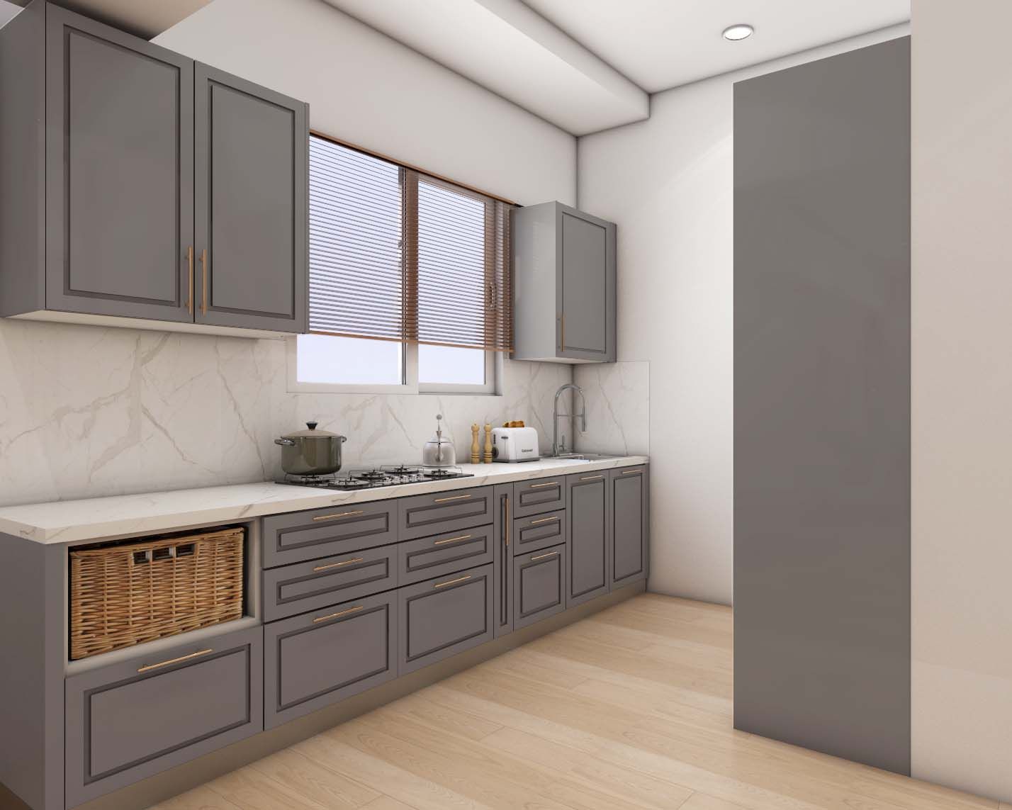 Classic Modular Kitchen Design With Grey Shutters And Brass Handles