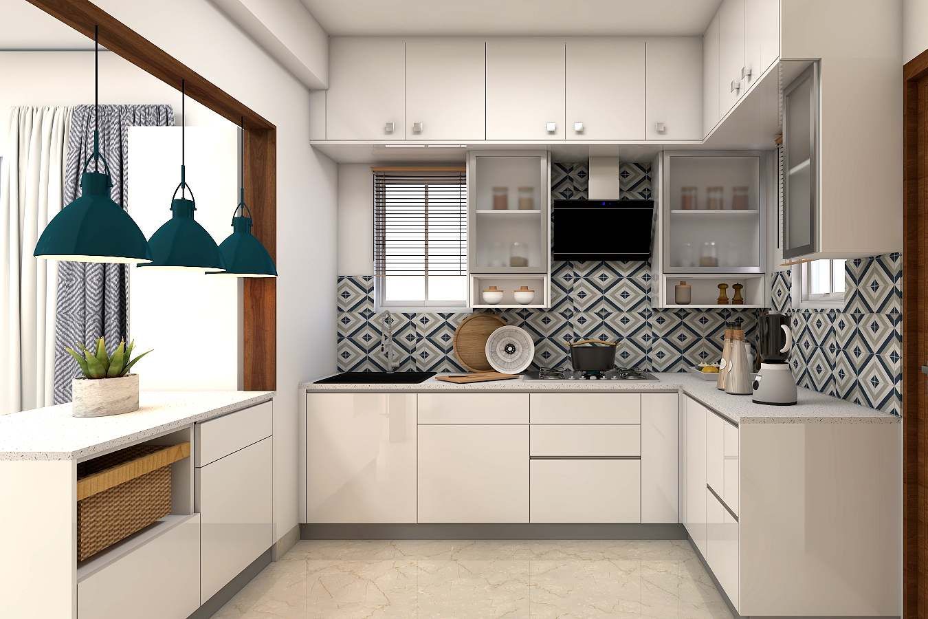 Modern Open White Modular Kitchen Design With Breakfast Counter