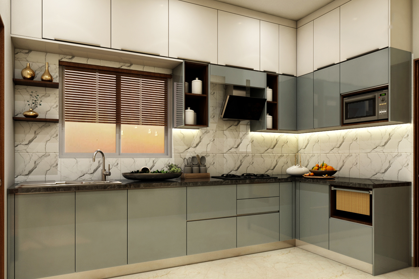Modern Grey and White L-Shaped Kitchen Design