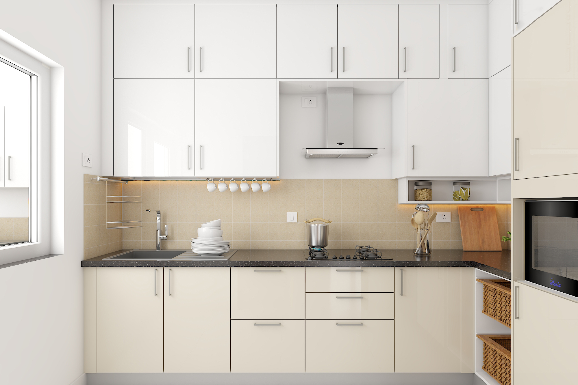 Minimal Style L-Shaped White And Beige Kitchen Design