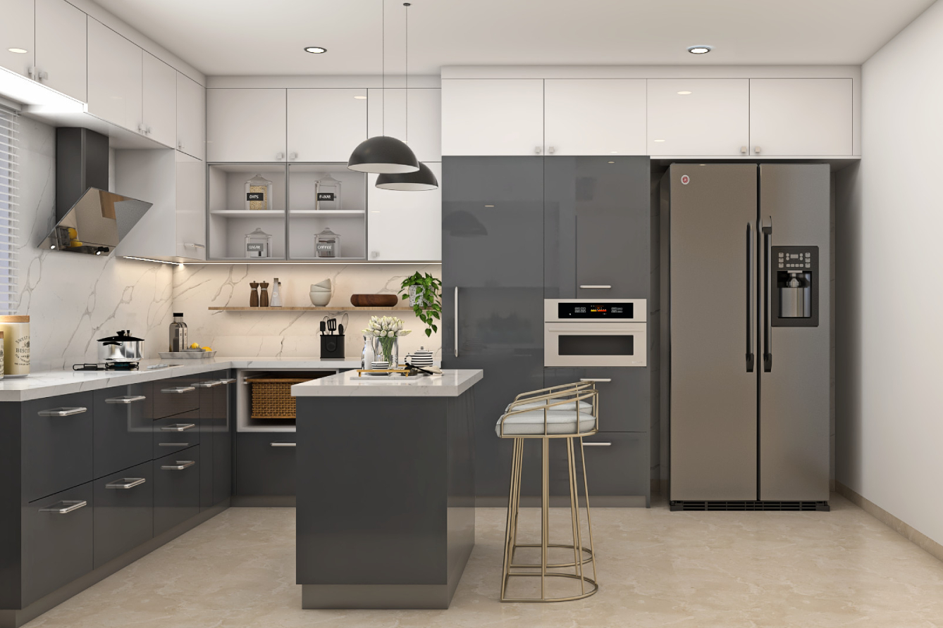 Dual Toned Modular Kitchen Design With Breakfast Counter