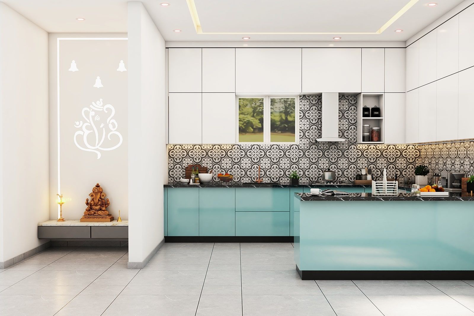 Contemporary U-Shaped Kitchen Design With Pooja Unit
