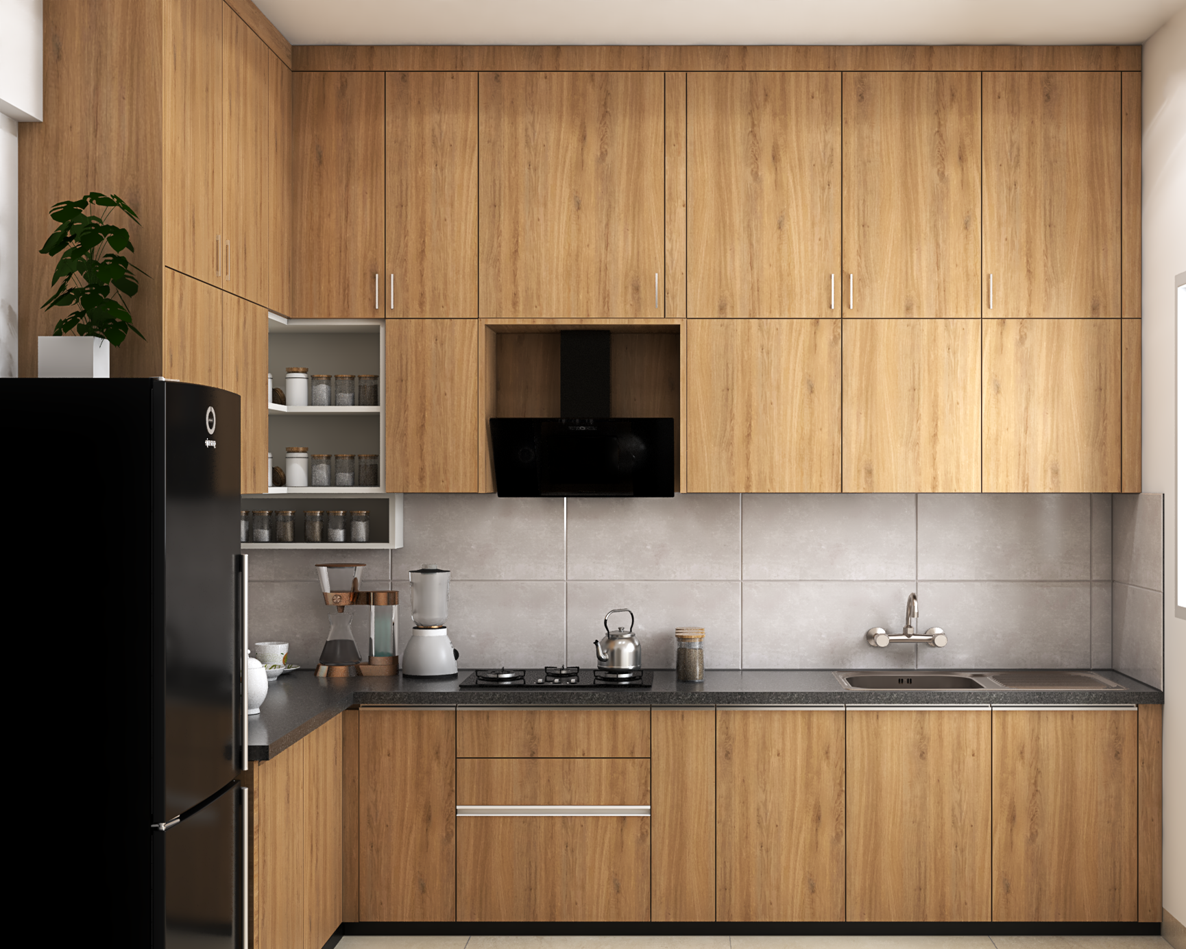 Industrial Wooden Kitchen Design With Dado Tiles