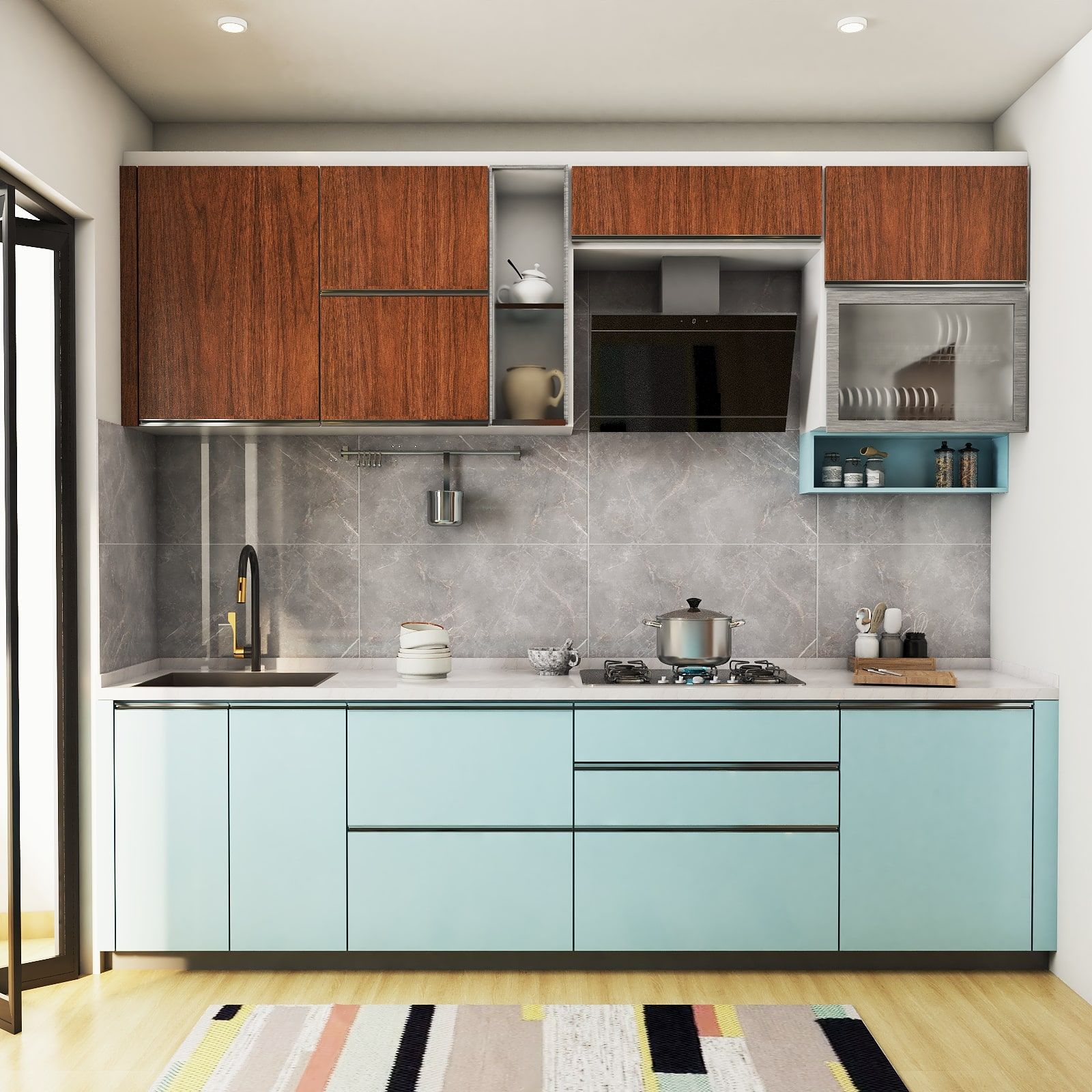 Contemporary Parallel Modular Kitchen Design In Blue And Wood