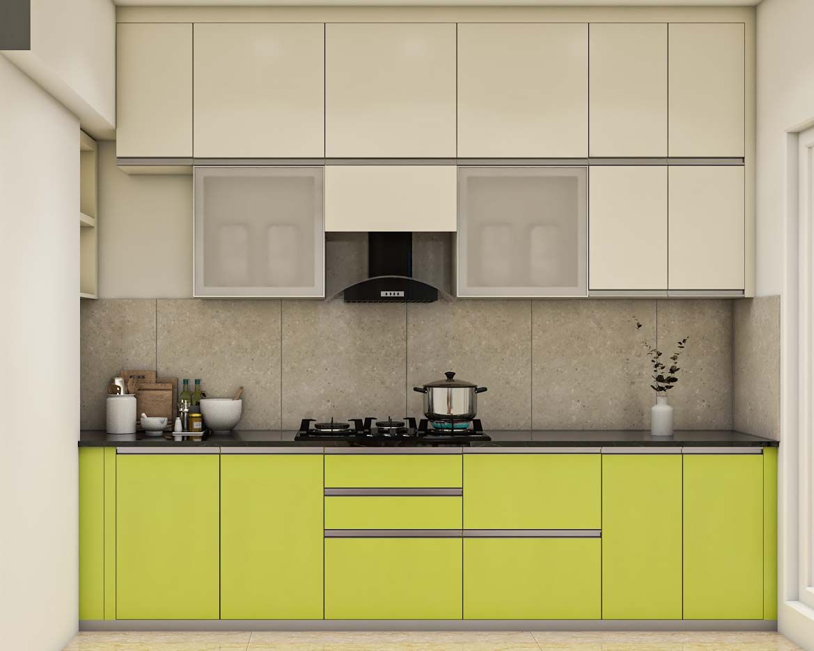 Modular Parallel Kitchen Design With Yellow And White Cabinets
