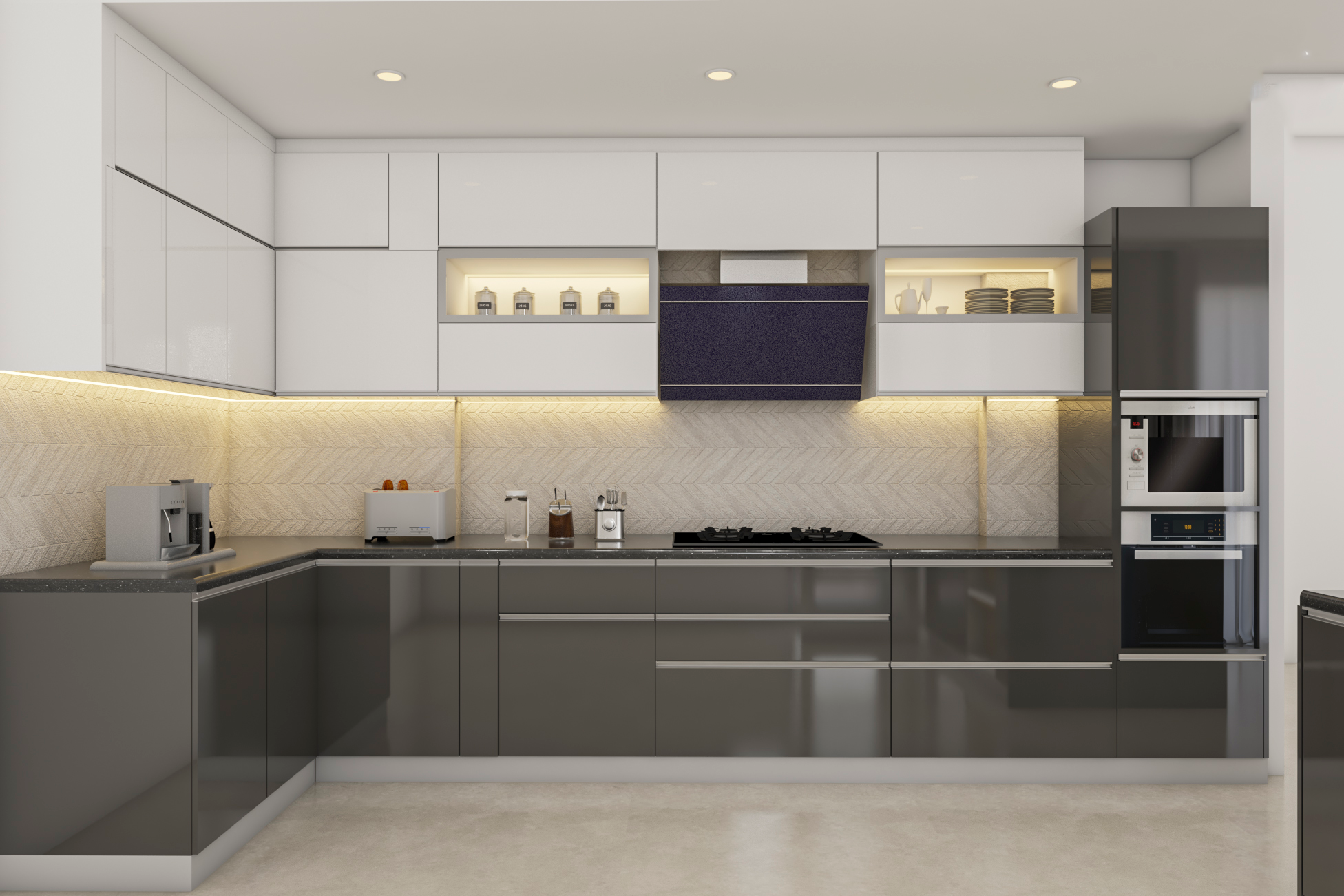 Modern L-Shaped Modular Kitchen Design With Grey And White Cabinets