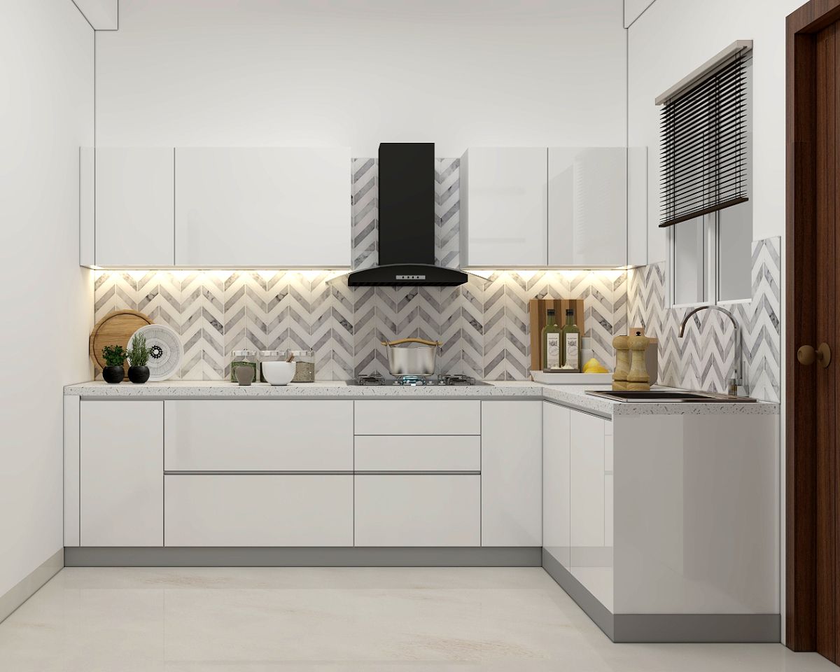 Modern Compact L-Shaped Kitchen Design In White