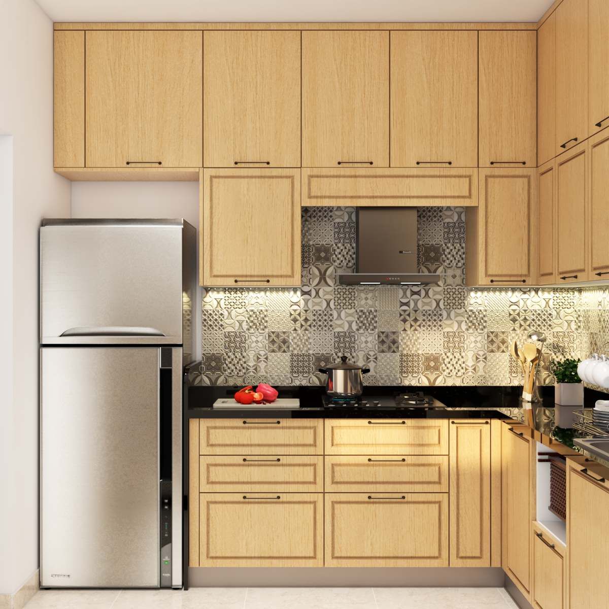 Modern L-Shaped Kitchen Design With Modular Wooden Cabinets