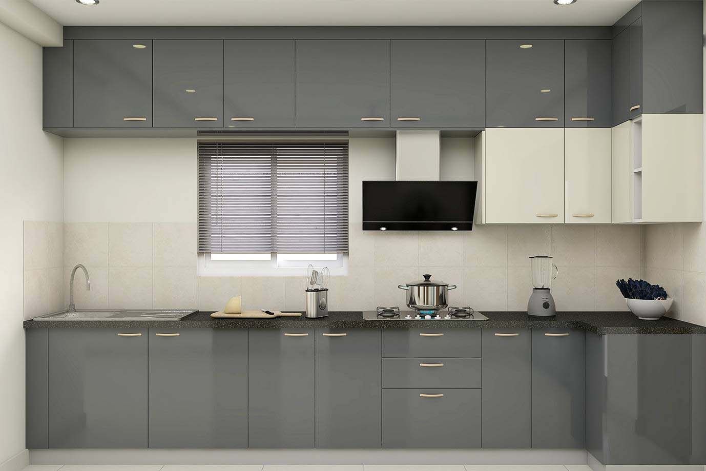 Modern L-Shaped Modular Kitchen Design In Grey