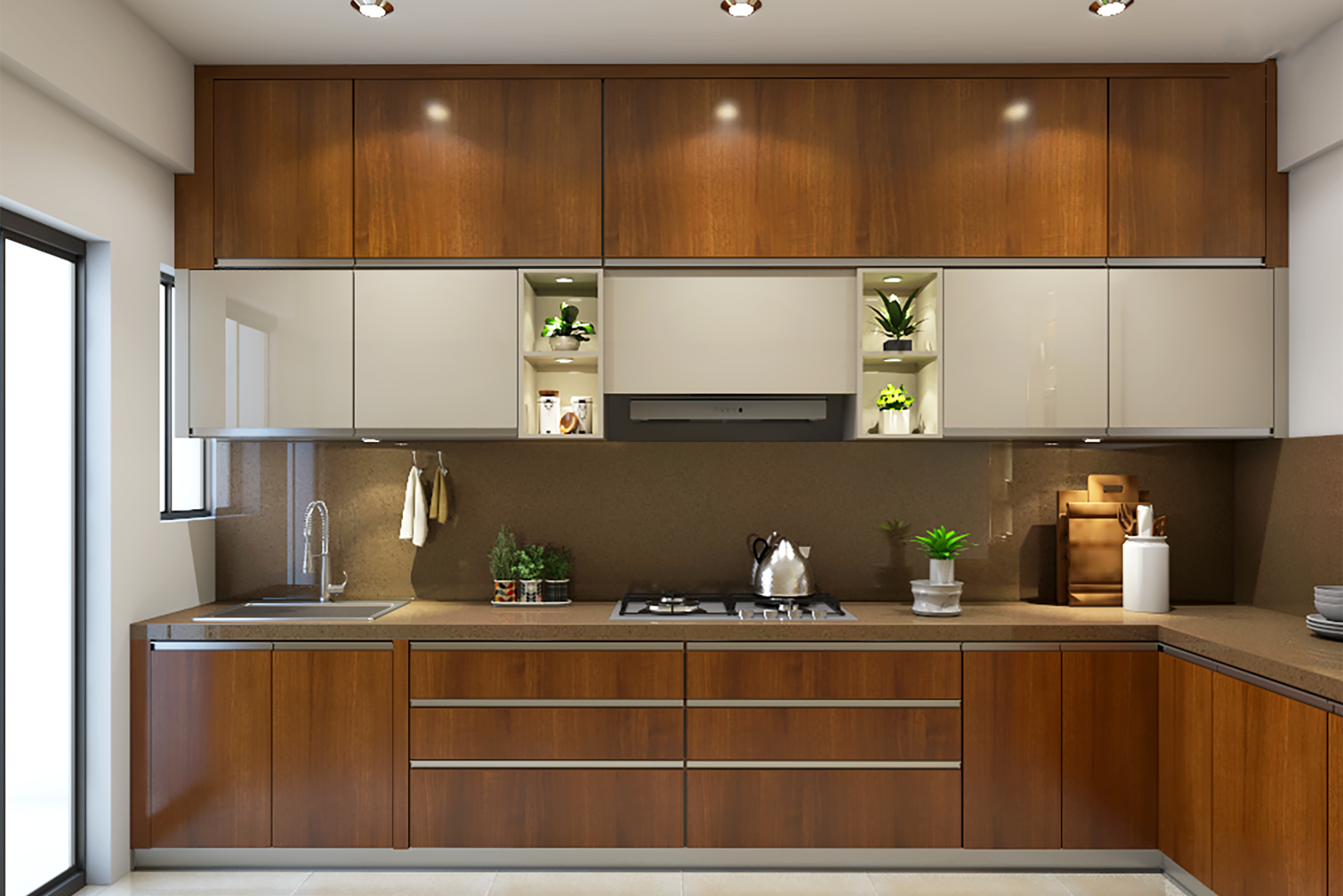 Spacious Modern L-Shaped Kitchen Design With Wooden Cabinets