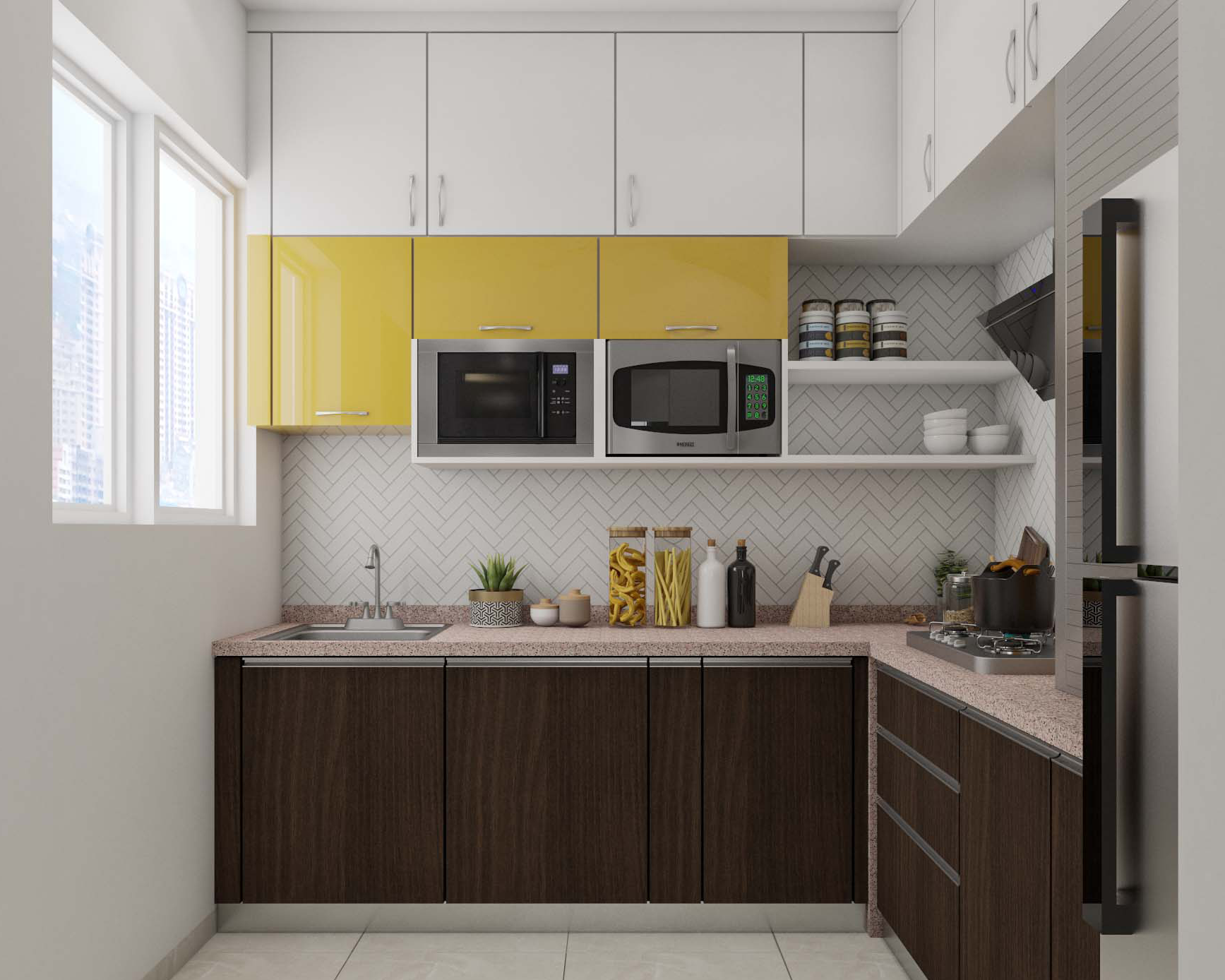 Modern L-Shaped Multicoloured Kitchen Design