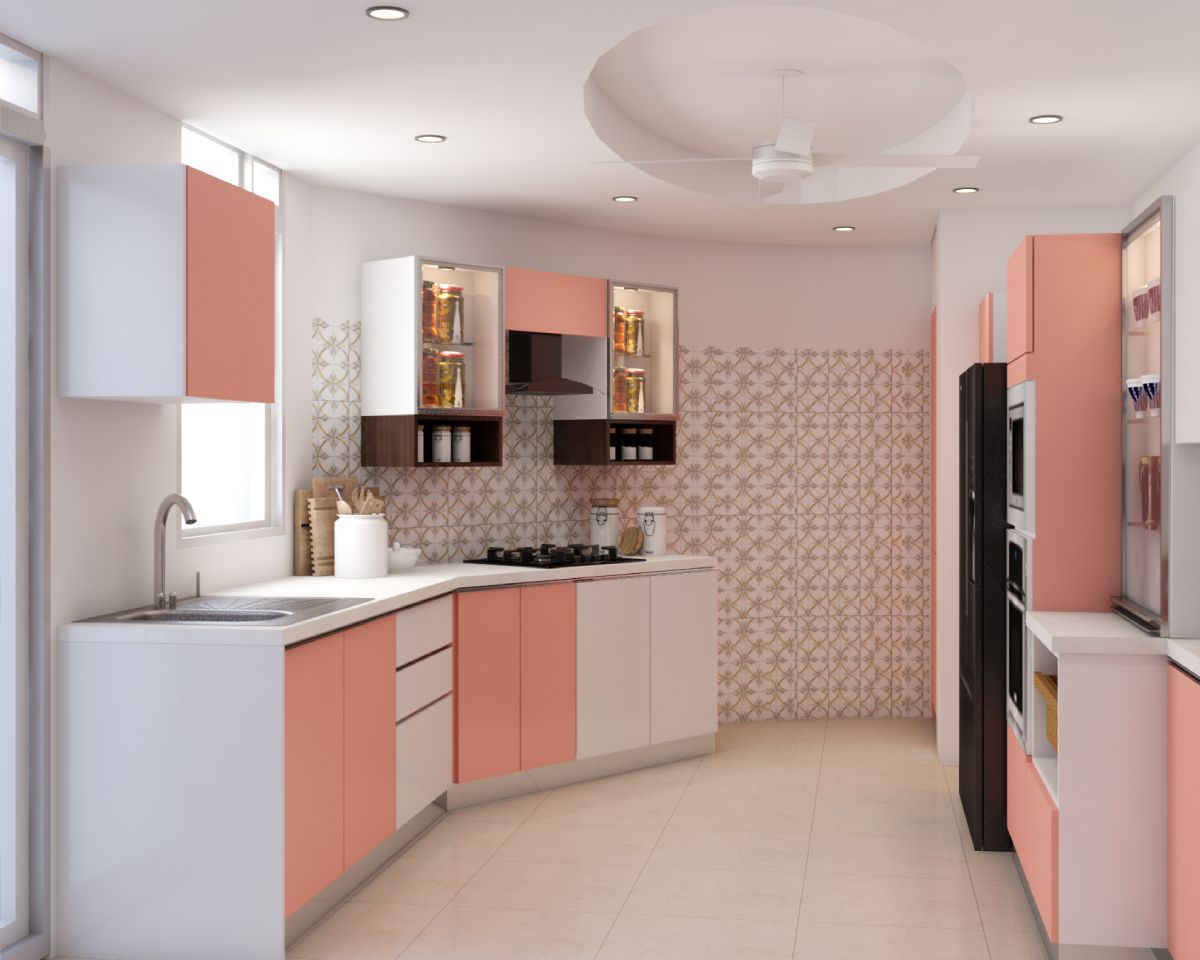 Shabby Chic Parallel Kitchen Design With White And Rose Coloured Cabinets