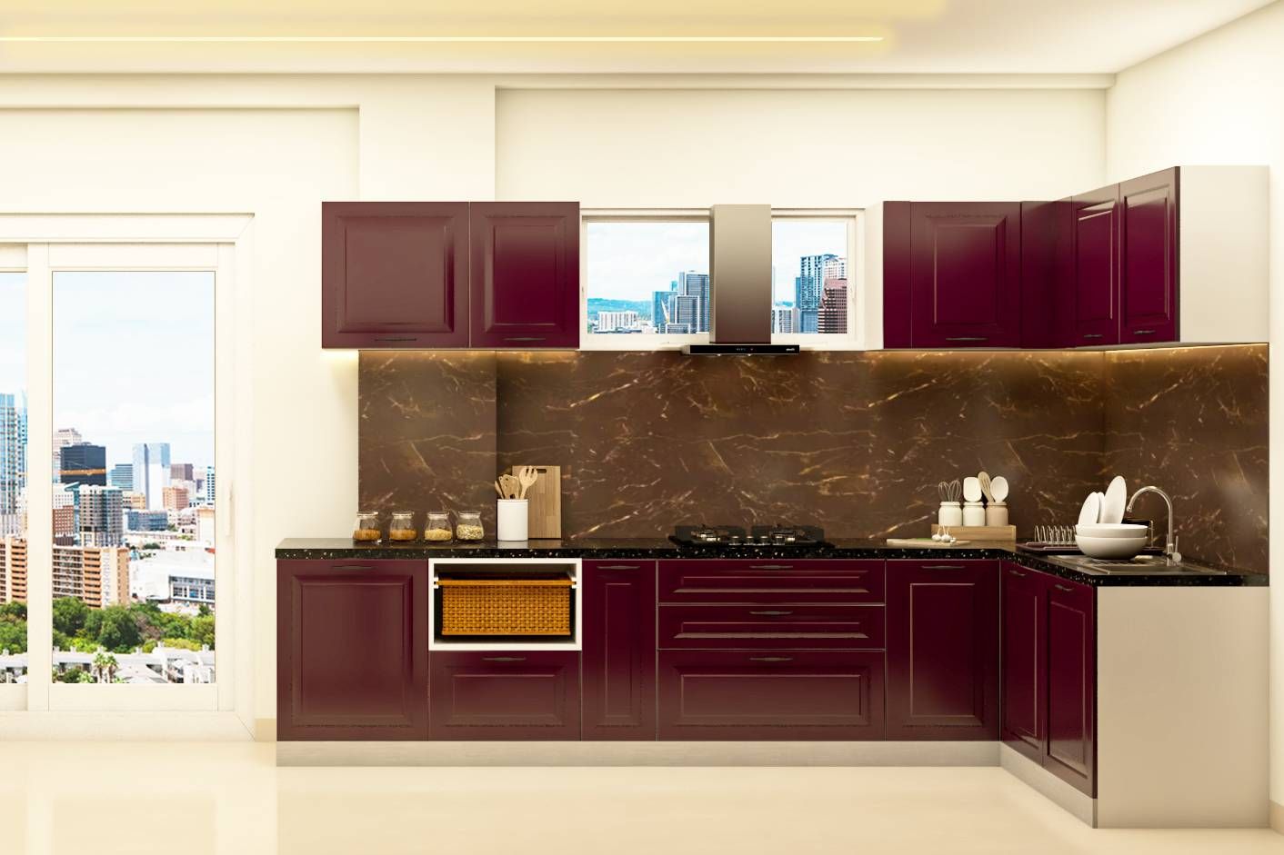 Contemporary L-Shaped Modular Kitchen Cabinet Design In Maroon