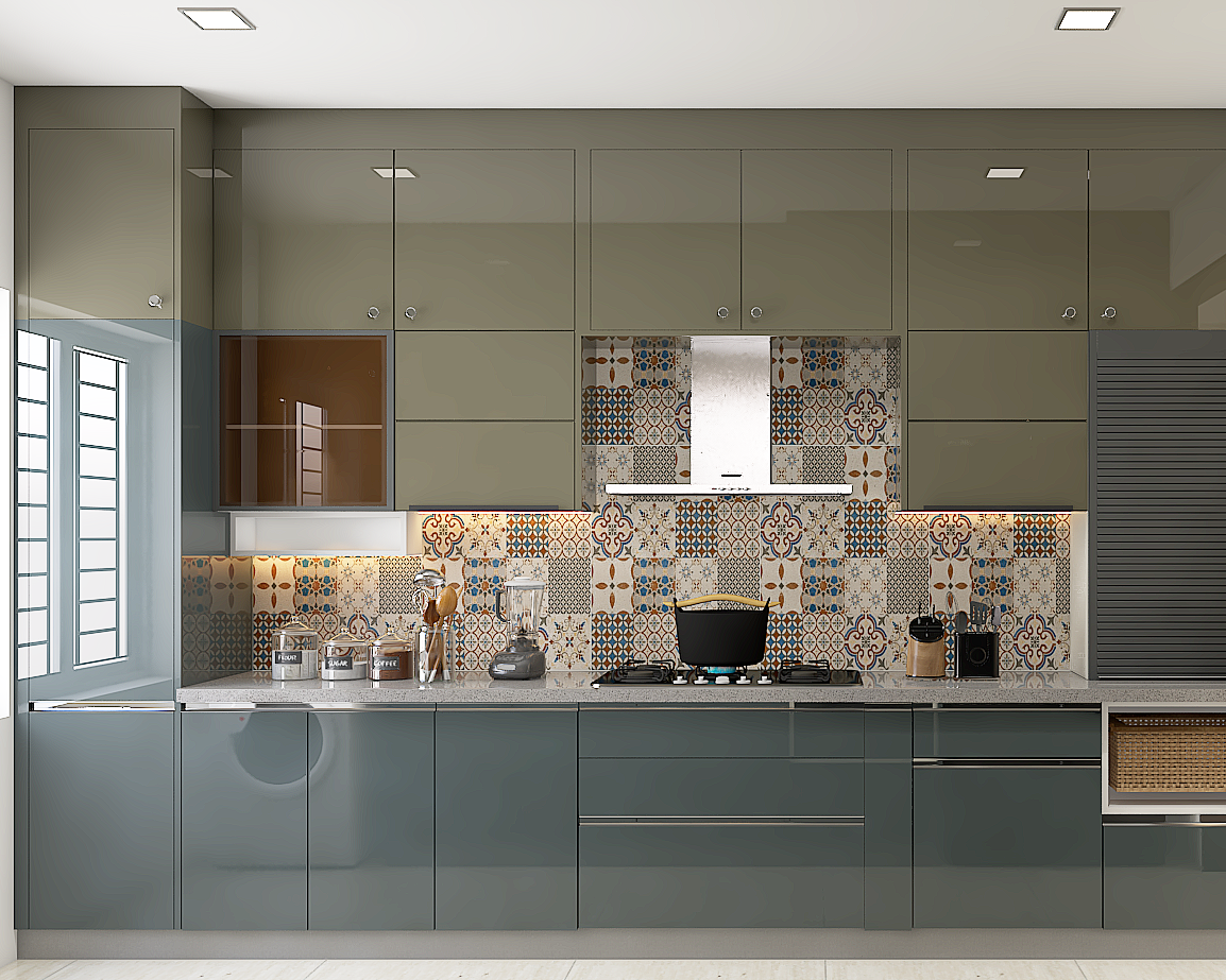 Modern Green And Blue Modular Kitchen Design With Glossy Laminates