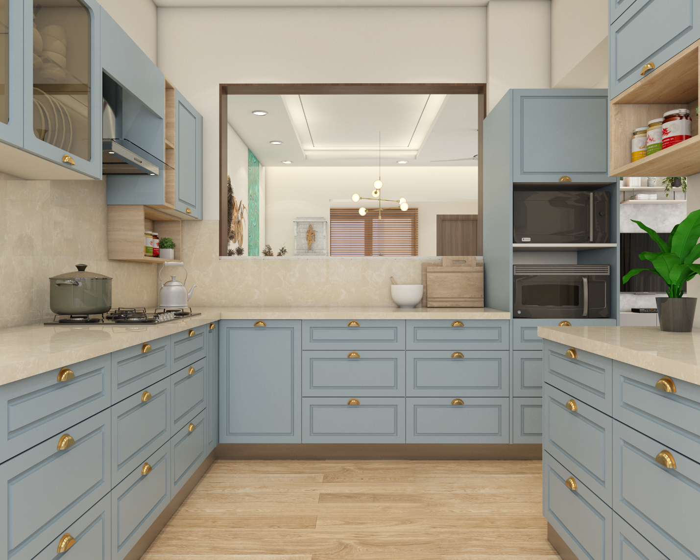 Blue And Cream Classic Spacious Modular Kitchen Design