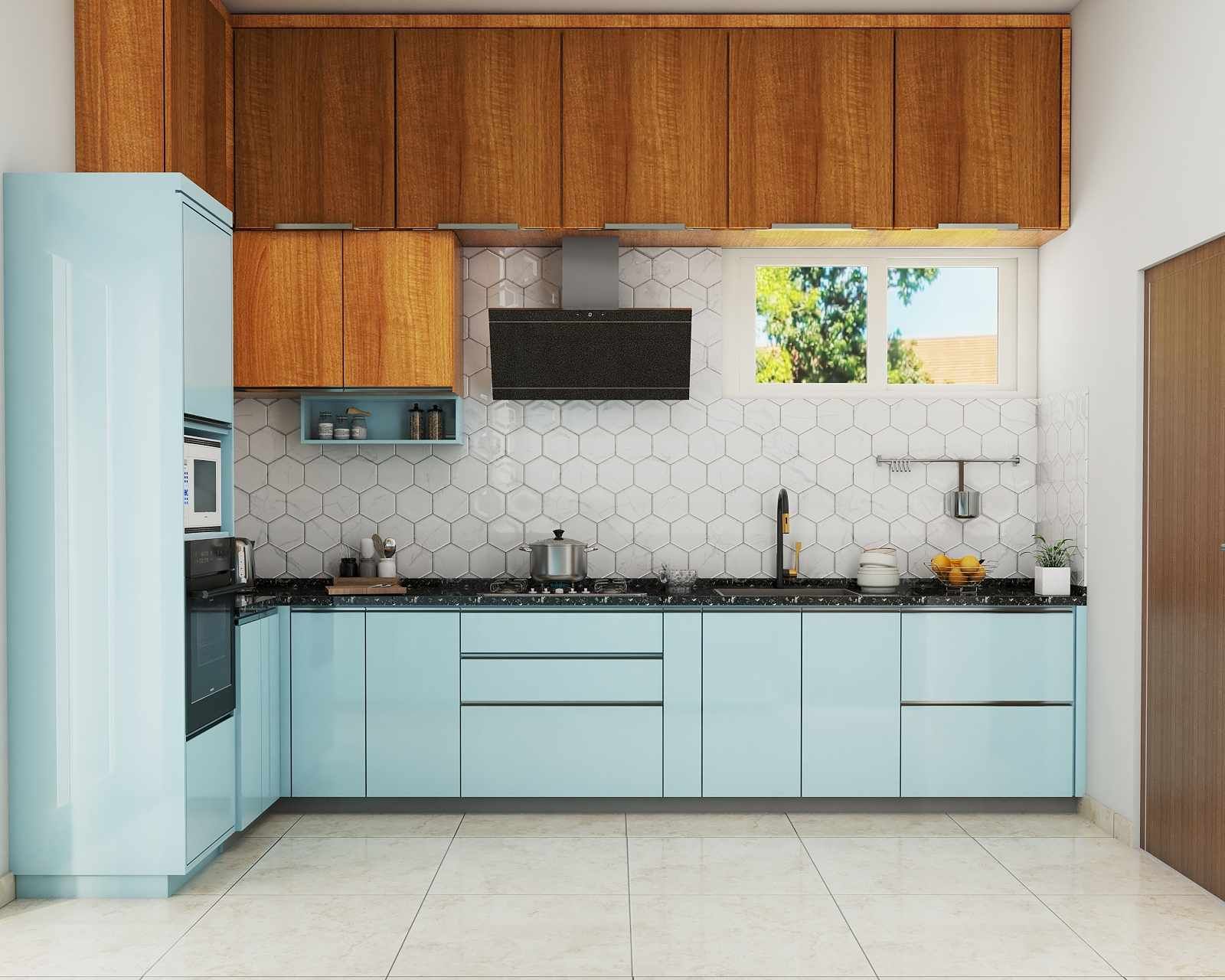 Modern Style Modular L-Shaped Kitchen Design In Blue And Wood