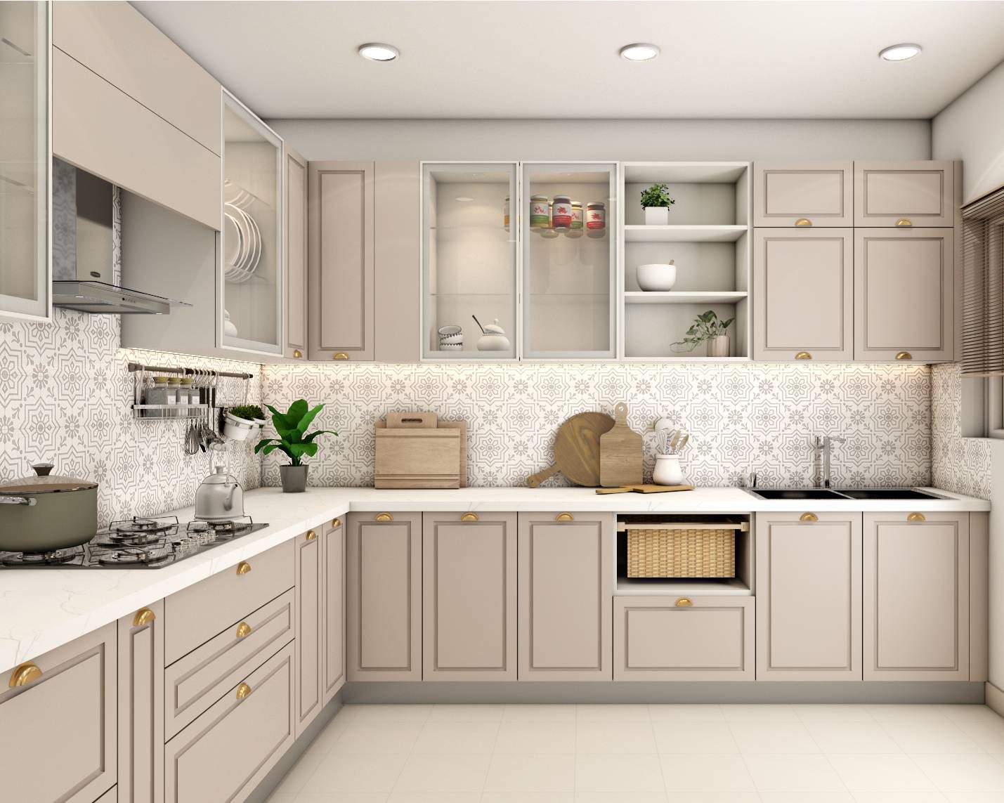 Modern Modular L-Shaped Kitchen Design With Cabinet Strip Lights