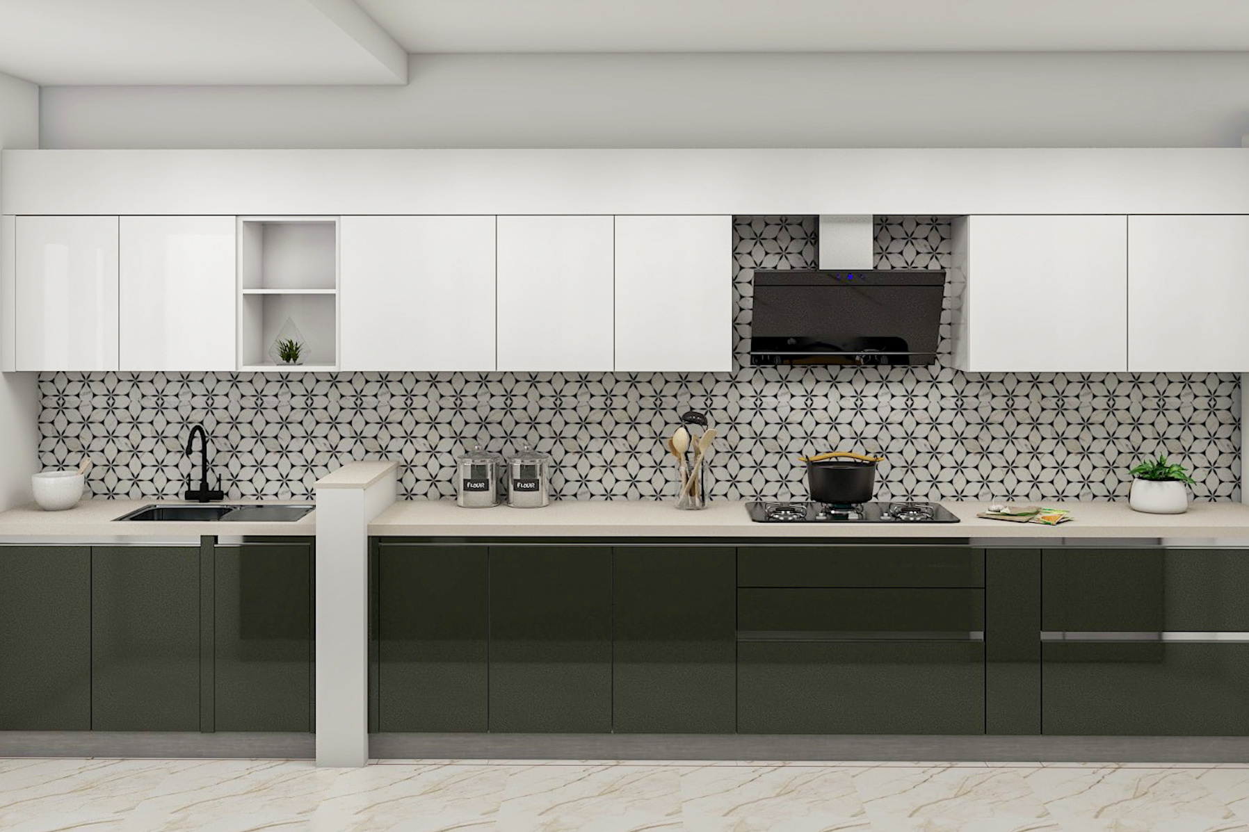Contemporary Kitchen Design With Patterned Dado Tiles