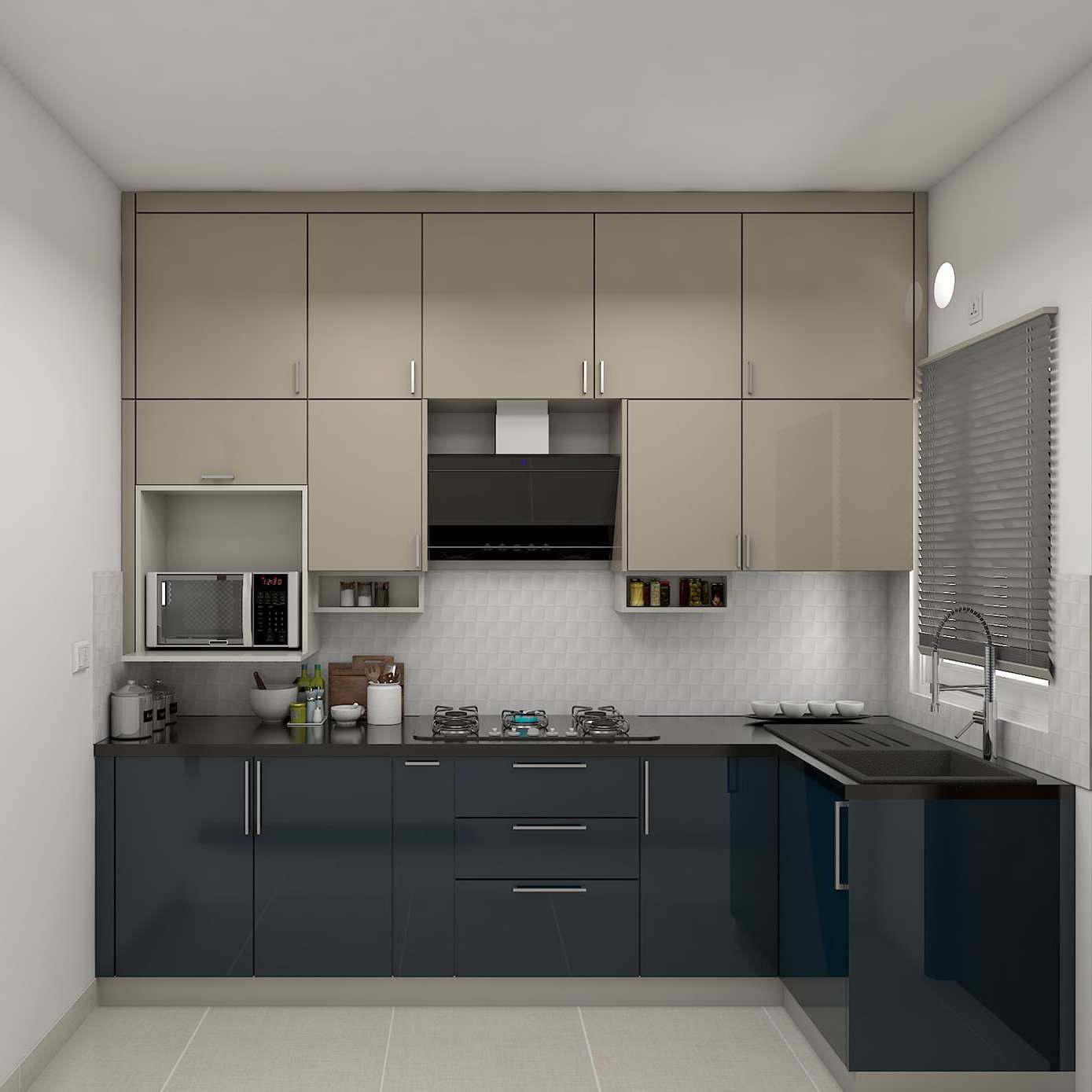 Modern Dark-Blue Kitchen With Upper Beige Cabinets | Livspace