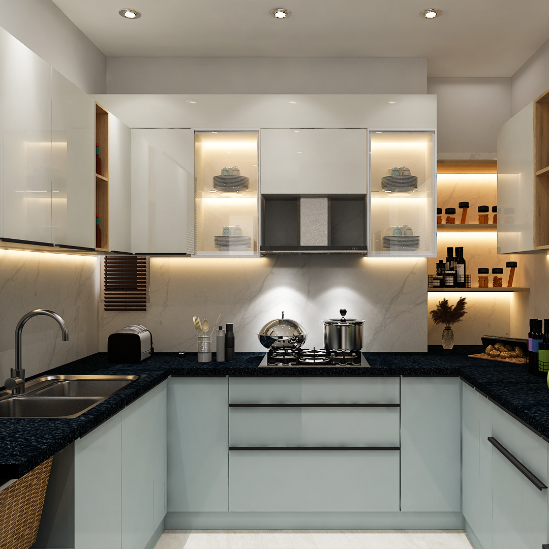 Modern U-Shaped Light Blue And White Kitchen Design