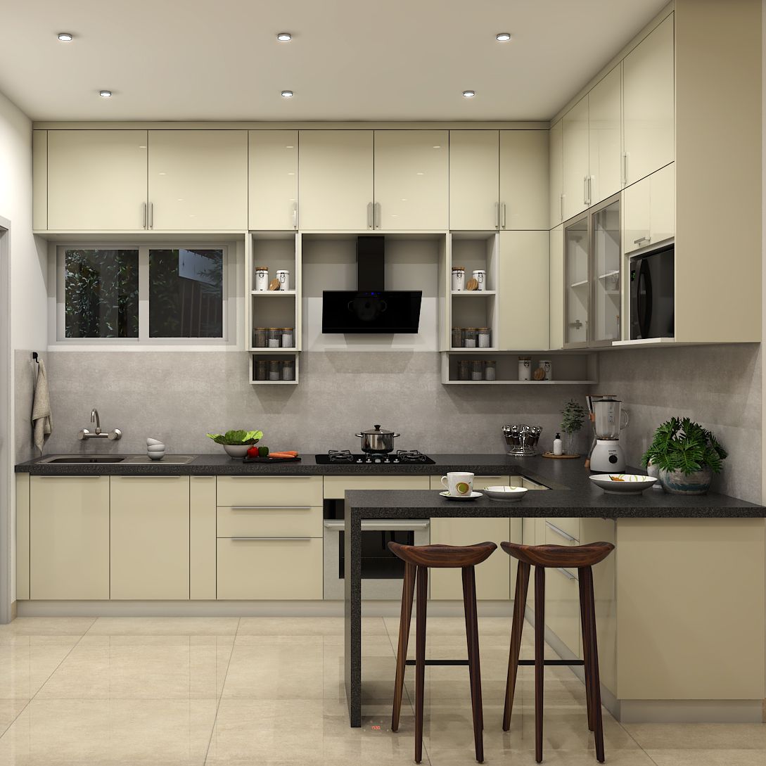 Contemporary L-Shaped Modular Kitchen Design With Breakfast Counter