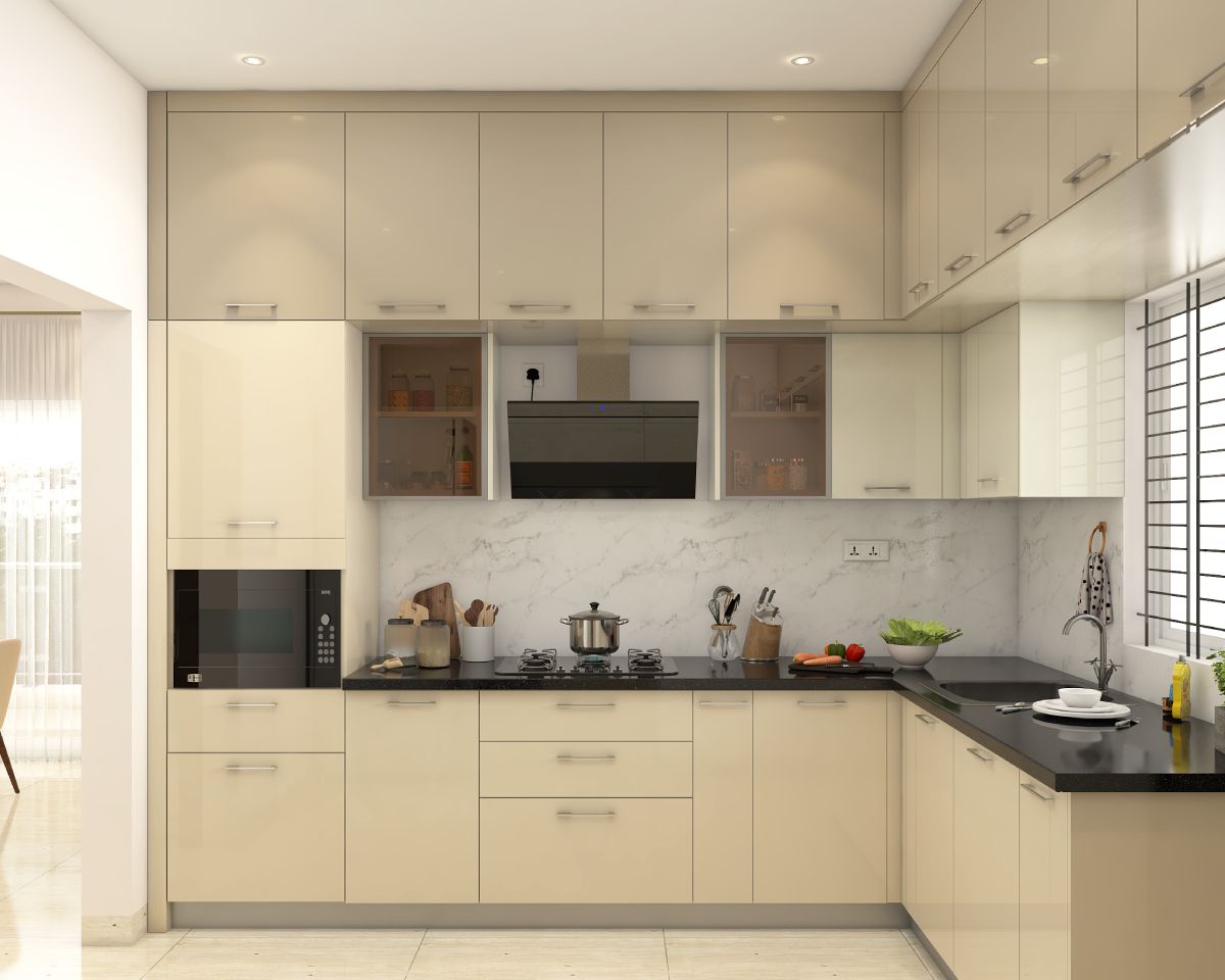 L-Shaped Modern Kitchen Design With Chrome Handles