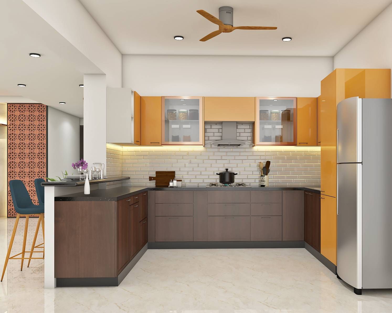 Modern U-Shaped Modular Kitchen Design With Brown And Yellow Cabinets