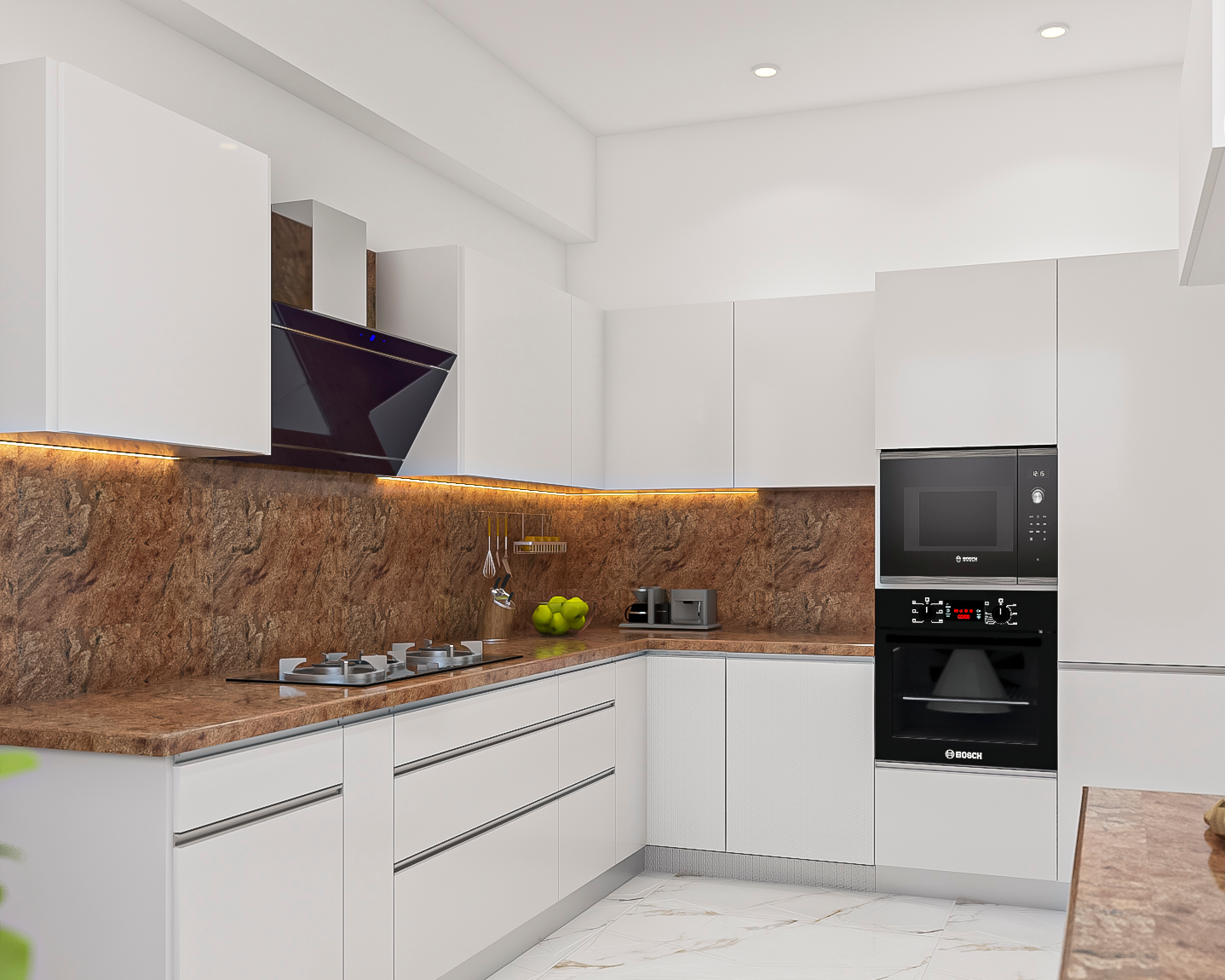 White Modern L-Shaped Kitchen Design With Caramel Brown Stone