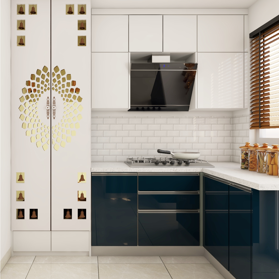 Modern L-Shaped Modular Kitchen Design With Integrated Pooja Unit