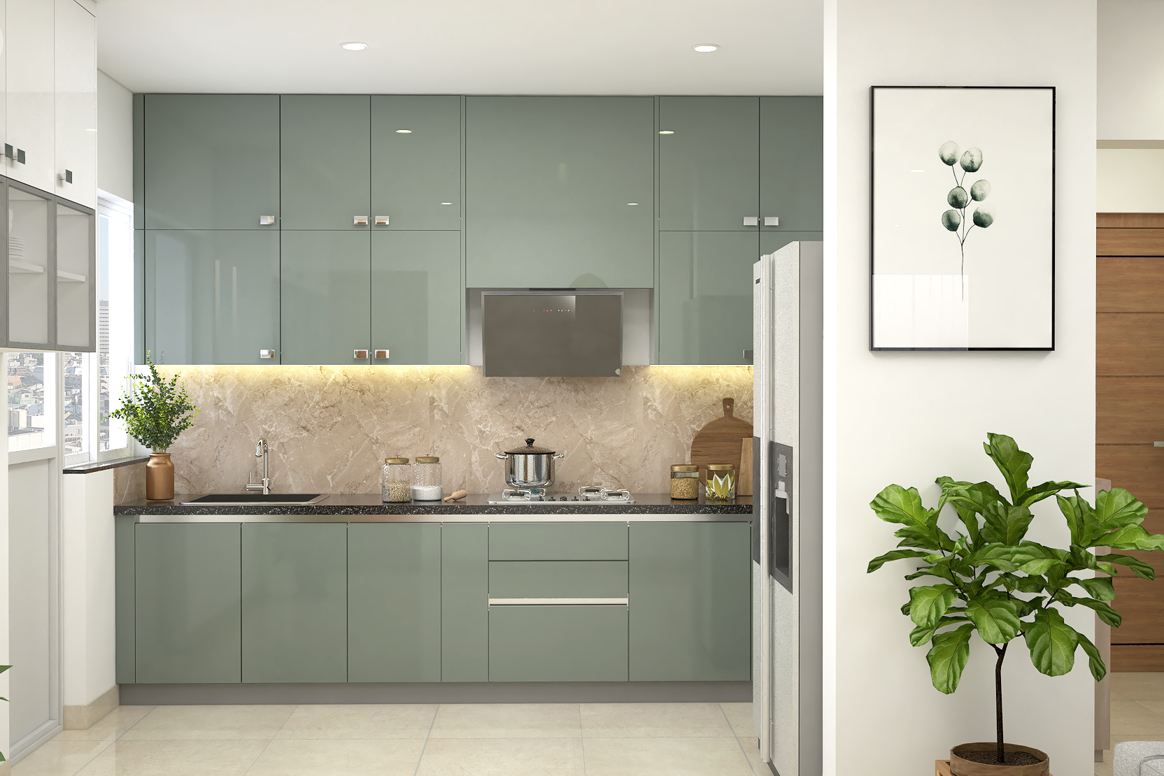 Modern Grey And Grey Kitchen Design With Under-Cabinet Lights